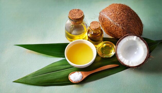 coconut oil and mct oil on green leaf whole coconut and half with yellow liquid inside wood spoon holds oil drop small bowl has solid oil