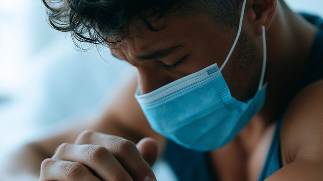 Sad and exhausted young man in a blue medical face mask looking down in contemplation or illness.