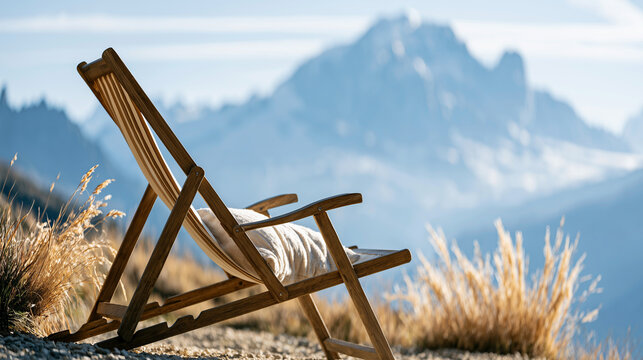 Empty wooden deck chair with a pillow standing on a hillside overlooking a majestic, sunlit mountain range.