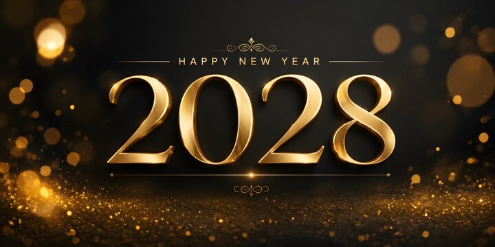 Happy New Year 2028 elegant gold text on black background, luxury 2028 celebration banner with golden bokeh lights, festive holiday greeting card