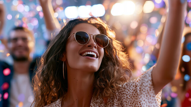 Happy young woman with sunglasses smiling and celebrating at outdoor party with colorful confetti falling around.