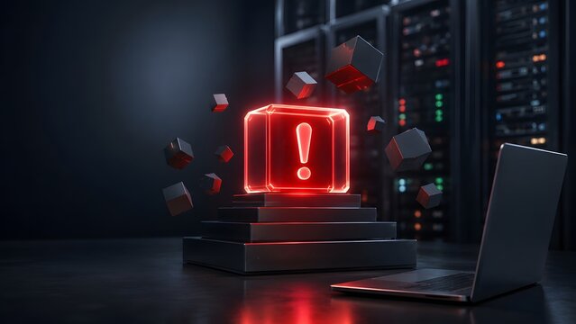 Critical server error alert featuring glowing red warning cube floating above laptop computer in dark data center environment