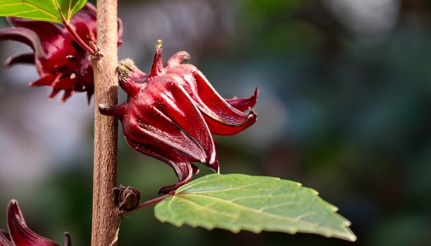 vibrant red roselle hibiscus calyxes grow on a woody stem with lush green leaves showcasing natural beauty and fresh herbal botanical detail close up biology tea