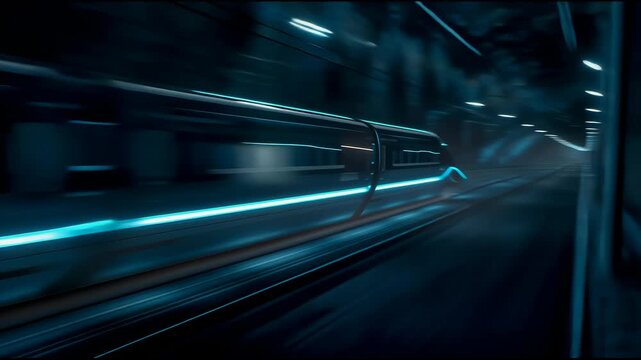 Futuristic bullet train speeding through dark city tunnel. 4k video