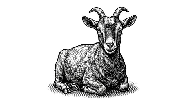 Goat lying down looking forward calmly.