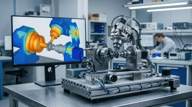 Medium shot of partialscale digitaltwin test bench displaying intricate tool components for precise simulation and diagnostic analysis in a controlled lab environment.