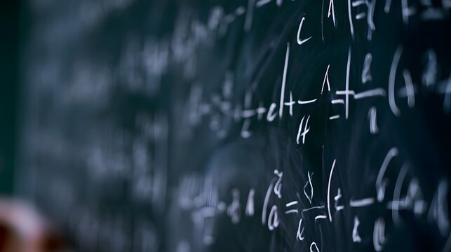 Close up of a chalkboard covered in handwritten mathematical equations and symbols with blurred background