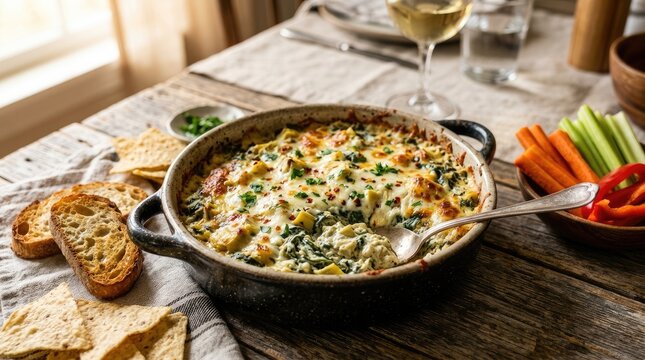A rustic, stone baking dish overflows with a creamy spinach and artichoke dip. The dip is speckled with vibrant red peppers and fresh herbs.