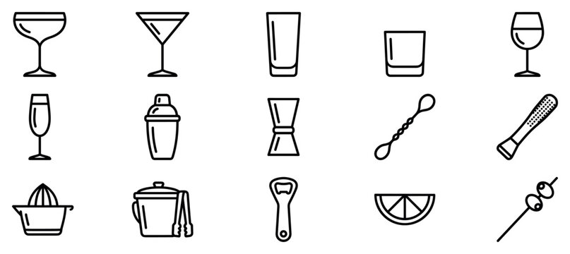 Bar and cocktail icons set. Bartending tools and drinkware concept. Includes coupe glass, martini glass, highball, rocks glass, wine glass, champagne flute, shaker, jigger, bar spoon,