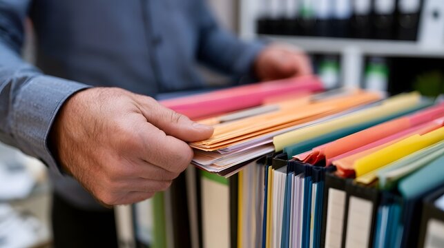 A person s hand selects a colorful folder from a row of organized binders on an office shelf
