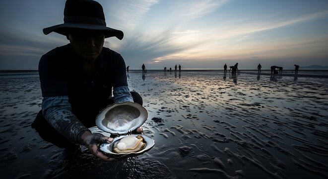 A man in a hat holds a clamshell on a beach at sunset
