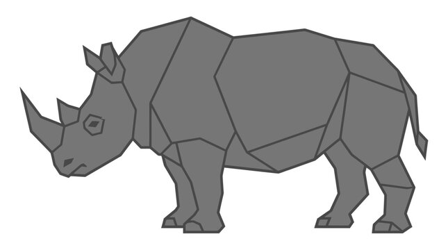 A polygonal illustration of a rhinoceros standing alone in a plain landscape.