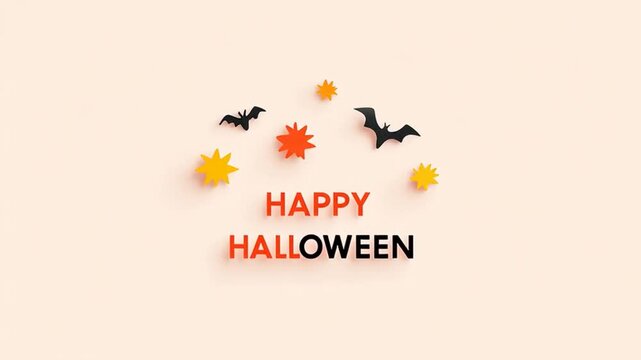 A spooky Halloween scene with "Happy Halloween" on a flat orange surface, animated bats,  and a seamless loop.