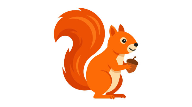 A cartoon orange squirrel holds an acorn in forest
