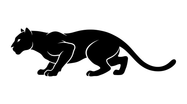 A black panther is crouched and moving to the left in profile view.