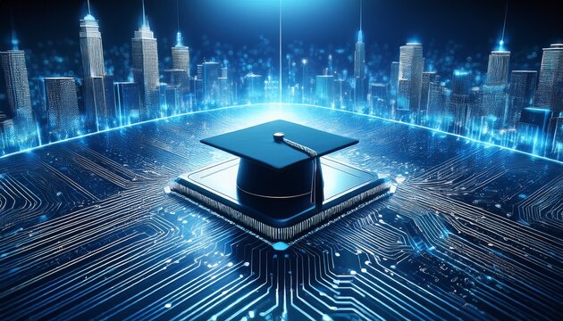 graduation cap with ai text sits on computer chip blue digital cityscape glows behind tech circuits connect knowledge city future learning concept