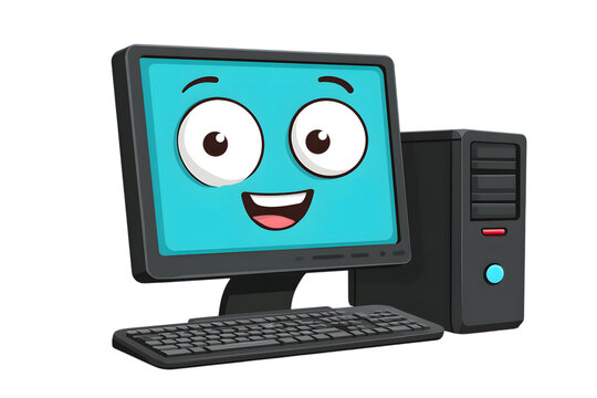 Friendly 3D computer mascot character with face on screen and keyboard