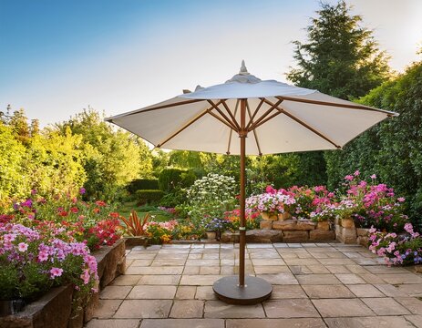 an elegant cream parasol stands on a stone terrace surrounded by a lush summer garden filled with colorful blooms and warm golden sunlight seasonal backyard yard