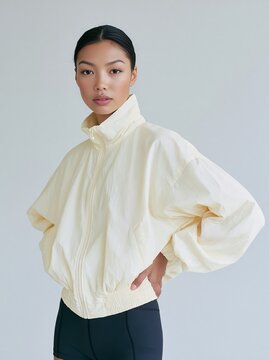 Tall Asian woman wearing a cream nylon windbreaker poses confidently against a light gray background, showcasing modern fashion and athletic style