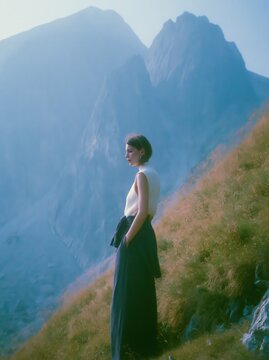 Woman standing on a hillside with mountains in the background, wearing a sleeveless top and long skirt, surrounded by grass and rocky terrain