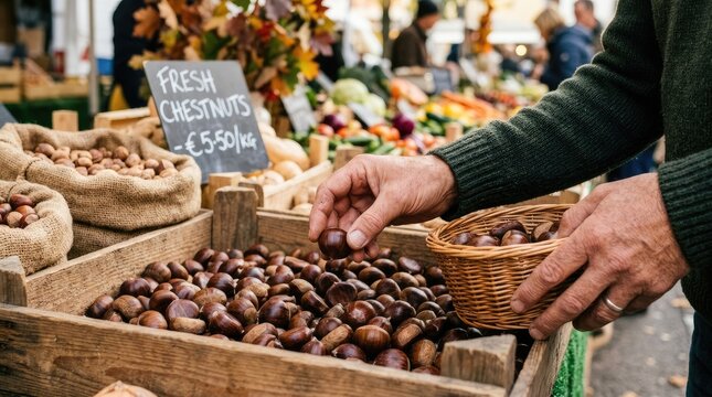A man is selecting chestnuts from a wooden crate at a farmer's market. He is holding a woven basket filled with chestnuts.