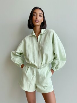 Woman in sage green lightweight zip-up top and matching shorts poses confidently against a plain background, showcasing a modern, casual fashion style