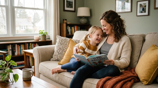 A smiling mother sits on a sofa with her young daughter. They are reading a book together, and the little girl is laughing joyfully.