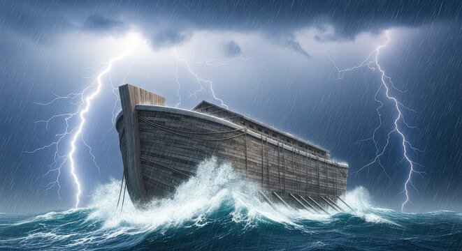 A massive wooden vessel tosses on violent ocean waves under a dark sky filled with lightning and torrential rain during a global flood, surge, dramatic, legend