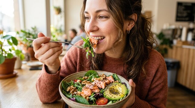 A woman enjoys a healthy salad at a cafe. She is smiling and eating with gusto, savoring the fresh ingredients in her bowl.
