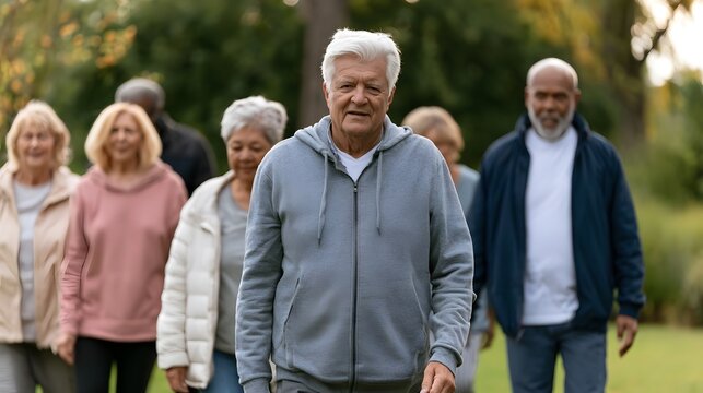 A group of senior adults walking together outdoors on a sunny day in a park setting with trees and green grass