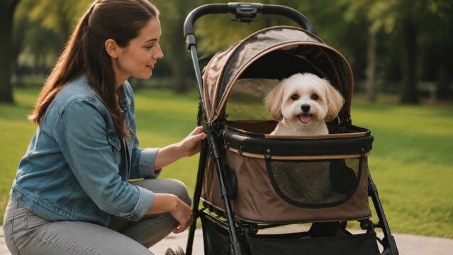Young woman in a denim jacket kneeling beside a brown pet stroller with mesh canopy smiling at her small white Maltese sitting inside the stroller in a green park
