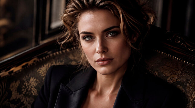 Ultra-realistic AI-generated editorial fashion portrait of a confident young woman with natural beauty, expressive eyes, and sophisticated style, photographed in a luxurious interior with cinematic li
