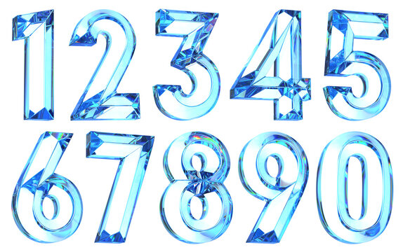 Set of glass clear volumetric faceted numbers from zero to nine. 3d illustration isolated on white
