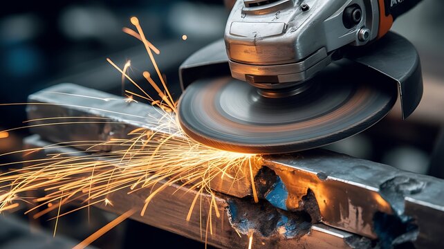 Industrial angle grinder cutting through a steel bar in a workshop creating a shower of bright orange sparks against a dark background environment