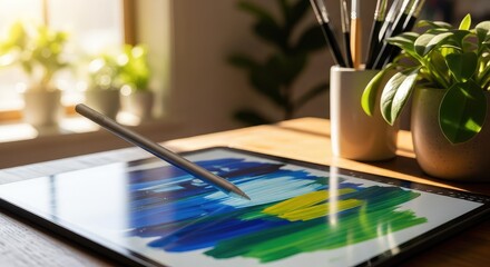 Obraz premium A sleek stylus rests on a glowing digital tablet screen inside a sunlit art studio filled with paint brushes beside plants on a wooden desk, decor, creative, design