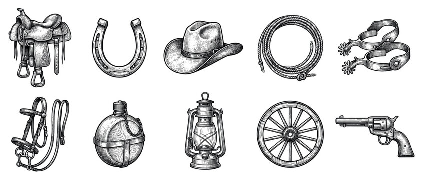Wild West icons set. Cowboy and rodeo equipment concept. Includes saddle, horseshoe, cowboy hat, lasso, spurs, bridle, canteen, lantern, wagon wheel, revolver. Engraving style