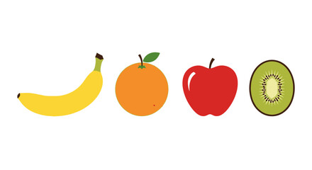 Colorful cartoon fruit icons on white background with digital illustration four icons banana orange orange apple healthy kiwi food © Pabitra