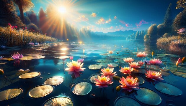 Hermosos Nenufares En Un Lago Con Agua Cristalina Bajo Los Rayos Del Sol