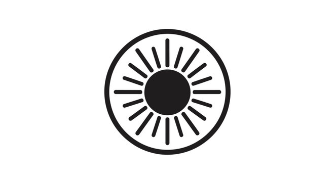 Simple black sun icon with rays on white background with radiating lines plain minimalist black graphic element symbol design energy solar with light