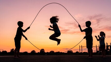 Fototapeta premium children skipping sunset playground silhouette outdoors play childhood activity friendship Friends turn a long jump rope as one child leaps at dusk creating energy for recreation and youth campaigns