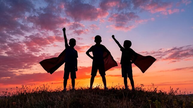 children superheroes sunset capes silhouette outdoors imagination play childhood teamwork Three friends pose heroically on a grassy hill at dusk expressing confidence and unity for youth campaigns