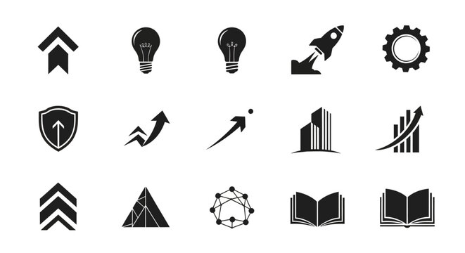 Black and white business icons on plain background with business related collection black lightbulb symbols network arrows charts graphs with rocket