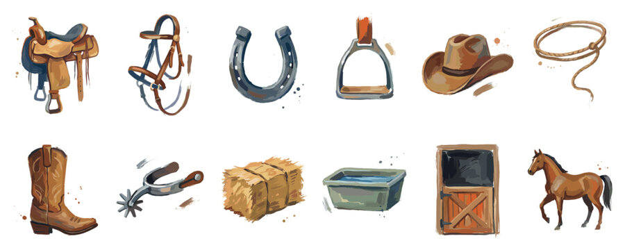 Cowboy and ranch icons set. Western lifestyle and equestrian concept. Includes saddle, bridle, horseshoe, stirrup, cowboy hat, lasso, boot, spur, hay bale, water trough, stable door, horse