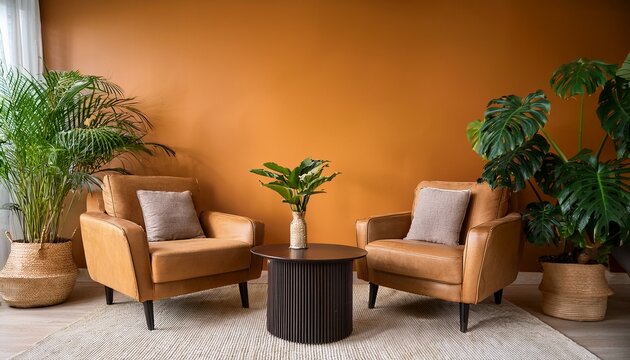 two tan armchairs sit with dark coffee table surrounded by rich green plants against warm orange wall seating area feels modern inviting offering comfortable space for relaxation conversation