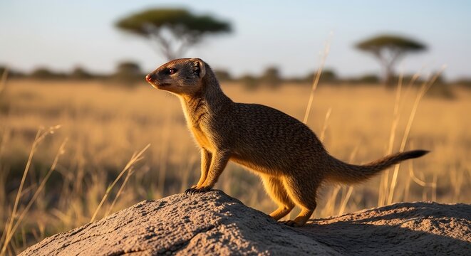 A mongoose stands alert on a rock in a sunlit savannah