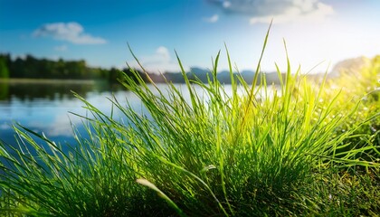 Obraz premium Close Up Of Green Grass By A Lake With Sunlight And Blue Sky In The Background