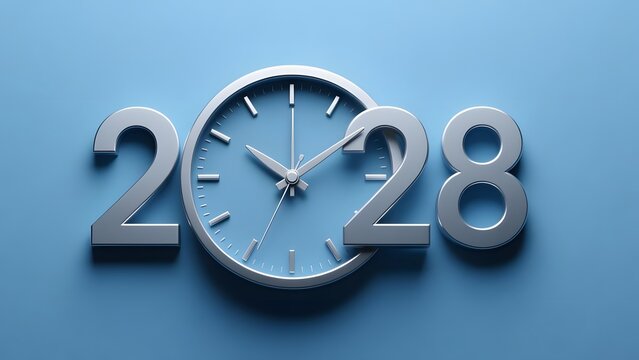 Year 2028 silver 3D numbers with analog clock face, blue background for future planning and time management, minimalist 2028 calendar concept