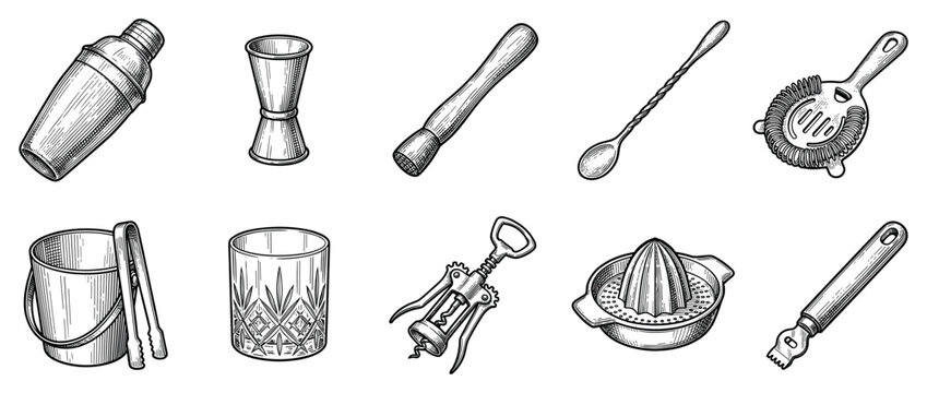 Bar tools icons set. Cocktail making and mixology concept. Includes shaker, jigger, muddler, bar spoon, strainer, ice bucket, glass, corkscrew, juicer, zester. Hand-drawn doodle style