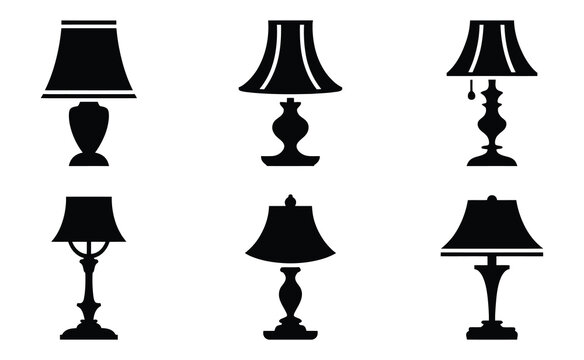 Collection of diverse traditional and modern table lamps in black silhouette on white