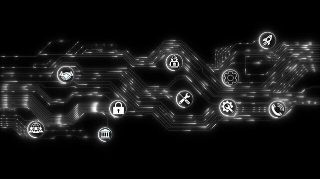 Animation of data processing with icons over connections data transfer 4k animated motion video. Network connections and data points animation over blurred cityscape background. digital data prosing.